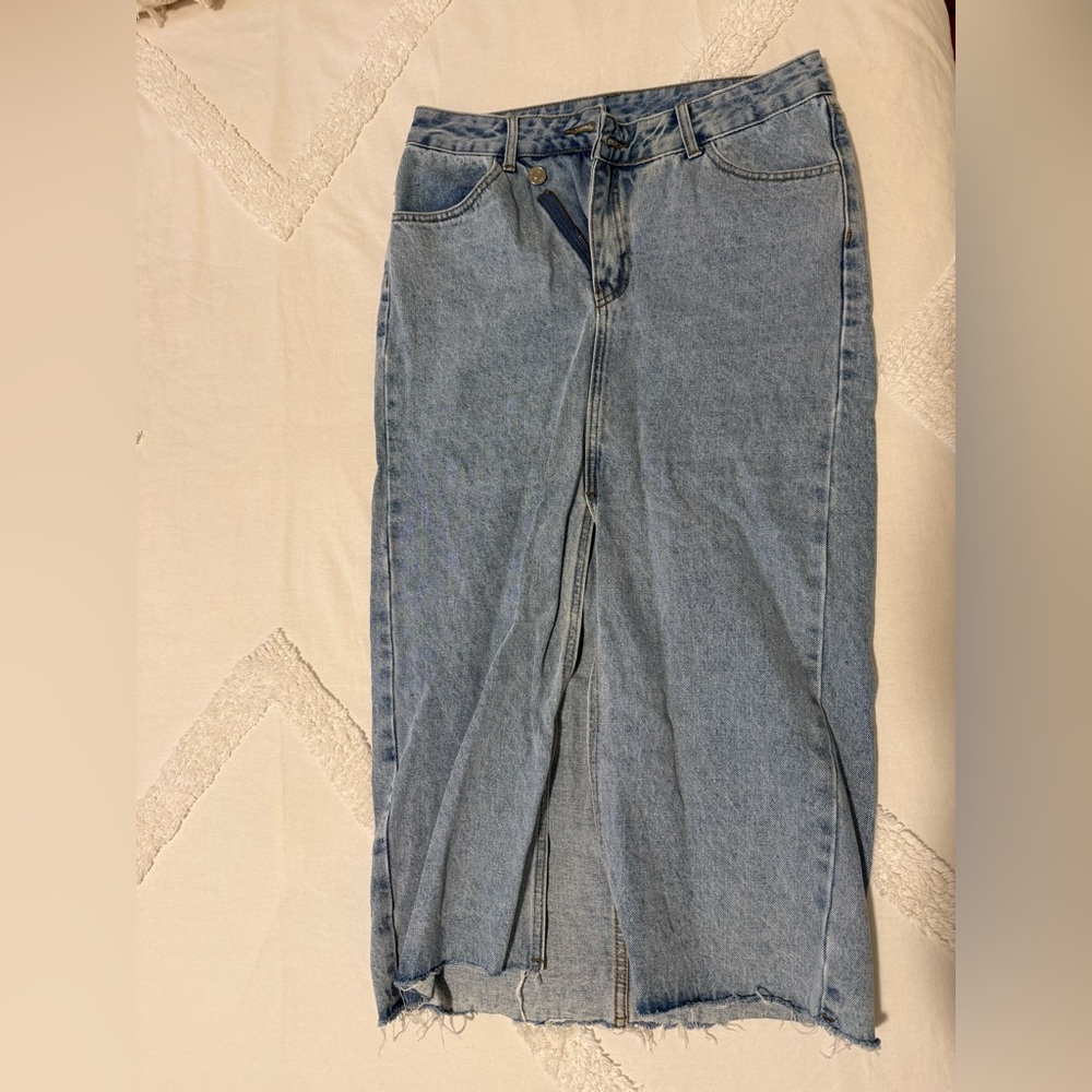 Long denim asymmetrical maxi skirt